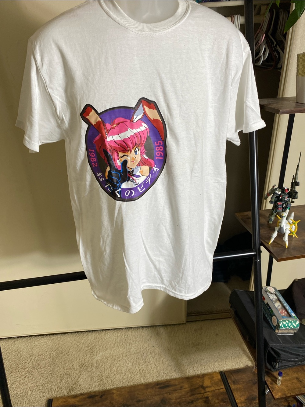 Vintage White Otaku no Video Short Sleeve Tee with Pink Bunny Girl Anime Graphic